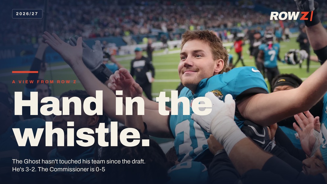 Jaguars kicker Cam Little is lifted up by his team-mates at Tottenham Hotspur Stadium after his 57-yard field goal beat the Eagles.